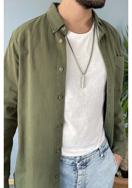 Haki Renk Cepli Uzun Kollu Kalın Kot Gömlek