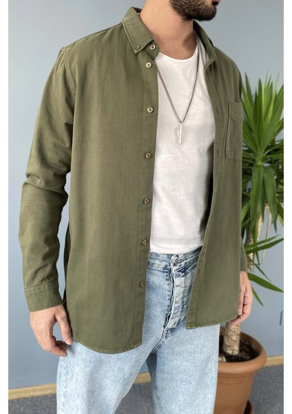 Haki Renk Cepli Uzun Kollu Kalın Kot Gömlek modelleri