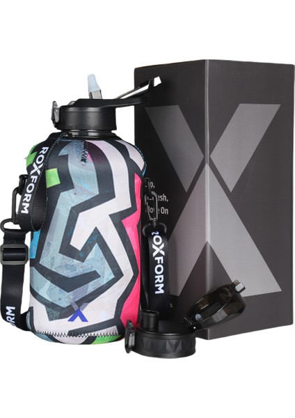 Suluk Matara 2200 Ml, Premium Pp Malzeme, Sağlıklı Bpa & Bps Içermez, Kılıflı, Çift Kapaklı, Koku Yapmaz, Sızdırmaz ve Dayanıklı, Renkli Grafik Kılıf, Siyah