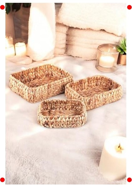 El Yapımı 3'lü Kare Bombeli Hasır Sepet Seti