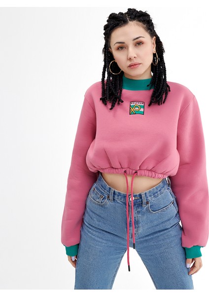 Logo Nakışlı Yüksek Yaka Crop Sweatshirt