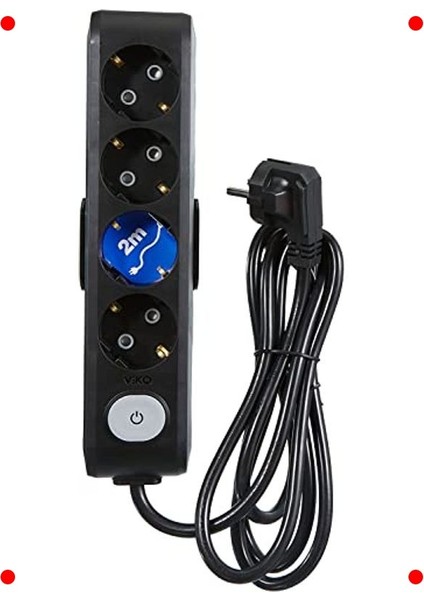 Siyah 4'lü Priz Grubu, Anahtarlı, Topraklı, 2 Metre