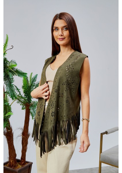 Scuba Suet Püsküllü Lazer Kesim Yelek modelleri