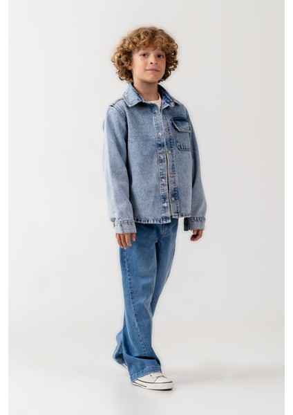 Unisex Çocuk Pamuklu Açık Mavi Denim Gömlek ve Geniş Paçalı Jean Takım – Rahat Günlük Kombin fiyatları