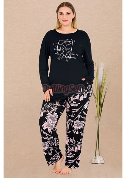 Lady Siyah Renk Çiçek Desenli 11389 Kadın Uzun Kol Anneler Için Büyük Beden Pijama Takımı