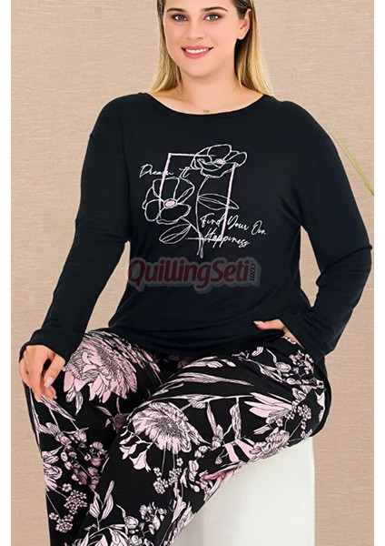 Lady Siyah Renk Çiçek Desenli 11389 Kadın Uzun Kol Anneler Için Büyük Beden Pijama Takımı fiyatları