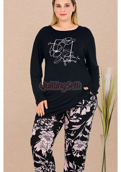 Lady Siyah Renk Çiçek Desenli 11389 Kadın Uzun Kol Anneler Için Büyük Beden Pijama Takımı modelleri