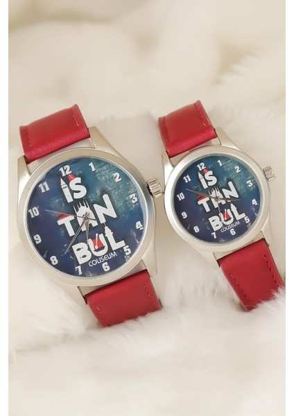 Bordo Renk Deri Kordonlu Istanbul Tasarımlı Sevgili Saatleri