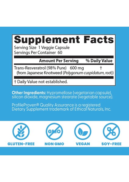 Trans-Resveratrol 600 98% Pure Brain & Cognitive 60 Veggie Caps modelleri