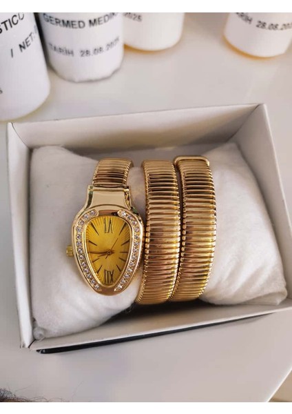 Yılan Model Taşlı Kadın Kol Saati Gold Altın
