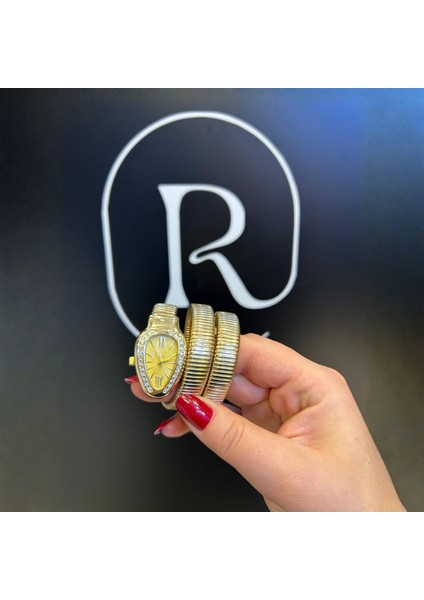 Yılan Model Taşlı Kadın Kol Saati Gold Altın modelleri