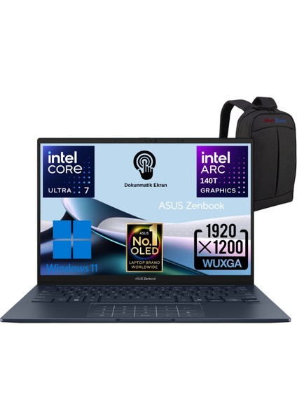 Zenbook 14 UX3405CA-QL286W Intel Core Ultra 7 255H 16GB 512GB SSD 14" OLED (Dokunmatik Ekran) Widows 11 Home Taşınabilir Bilgisayar - Emtech Çanta Et1