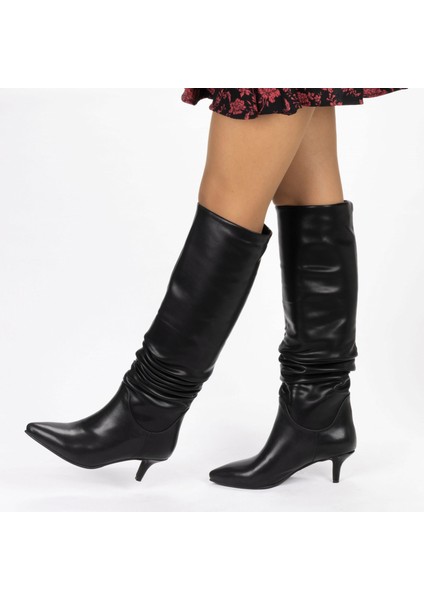 Vegan 6.5 cm Kısa Rahat Topuklu Sivri Burunlu Körüklü Uzun Kadın Çizme