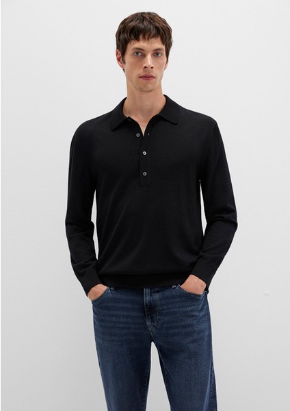 Düğmeli Siyah Yün Kazak 0710382-900