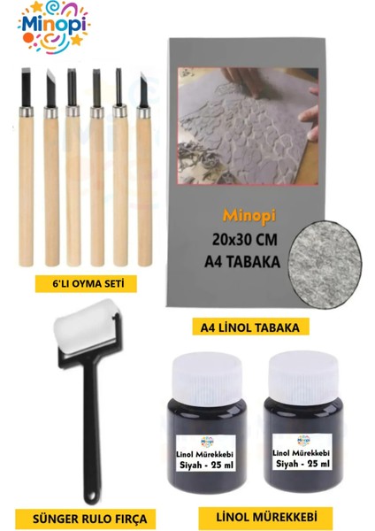 Linol Tabaka Levha 2.5 mm 20X30 cm , Siyah Mürekkep , Sünger Rulo Merdane , 5'li Oyma Seti