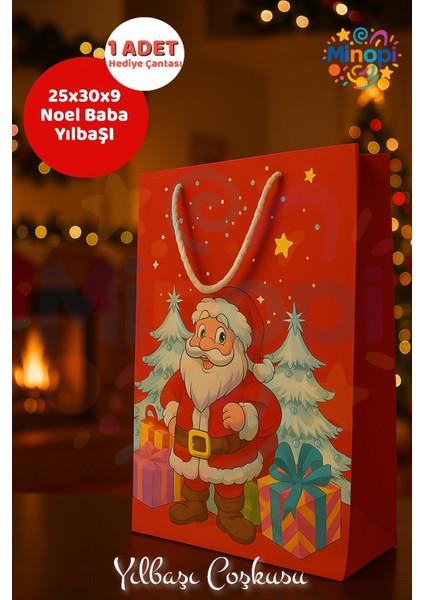( 1 Adet ) Noel Baba Desenli Hediye Çantası Kırmızı Yılbaşı Hediye Poşeti 25X30X9 Christmas