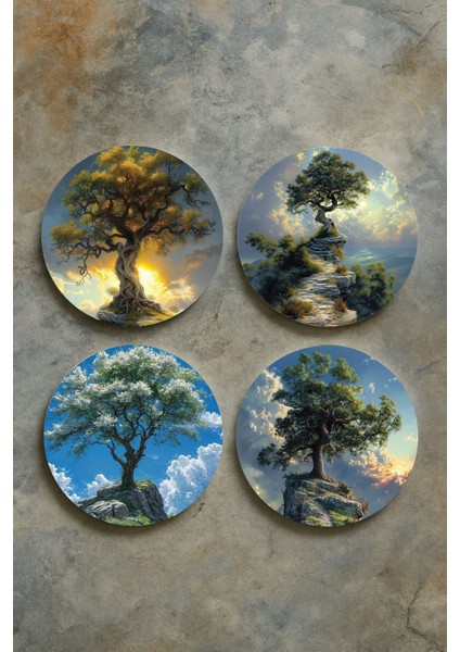 Ev Dekor Oval Pleksi Bardak Altlığı Temalı Desenli 4'lü Set Yıllanmış Ağaç
