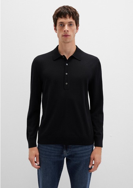 Düğmeli Siyah Yün Kazak 0710382-900