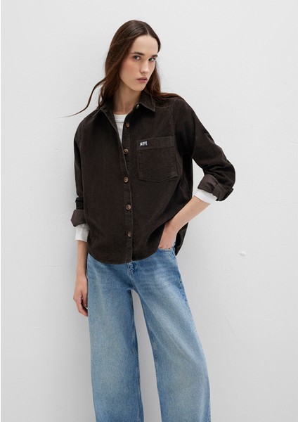 Mavi Detaylı Kahverengi Kadife Gömlek 1211277-90892