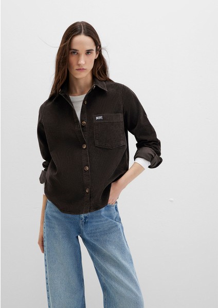 Mavi Detaylı Kahverengi Kadife Gömlek 1211277-90892