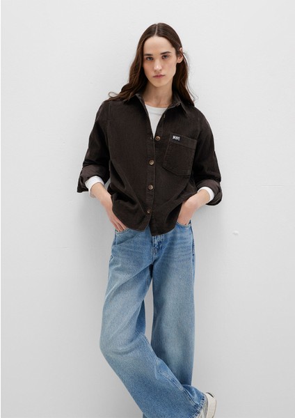 Mavi Detaylı Kahverengi Kadife Gömlek 1211277-90892