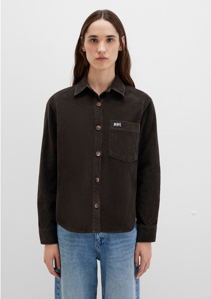 Mavi Detaylı Kahverengi Kadife Gömlek 1211277-90892