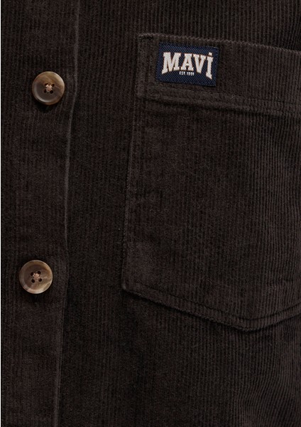 Mavi Detaylı Kahverengi Kadife Gömlek 1211277-90892