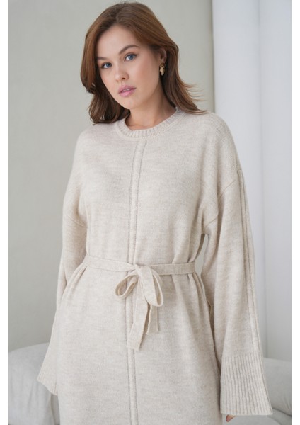 Kadın Uzun Kol Bisiklet Yaka Tesettüre Uygun Dokulu Kuşaklı Triko Spor Şık Maxi Boy Uzun Elbise fiyatları