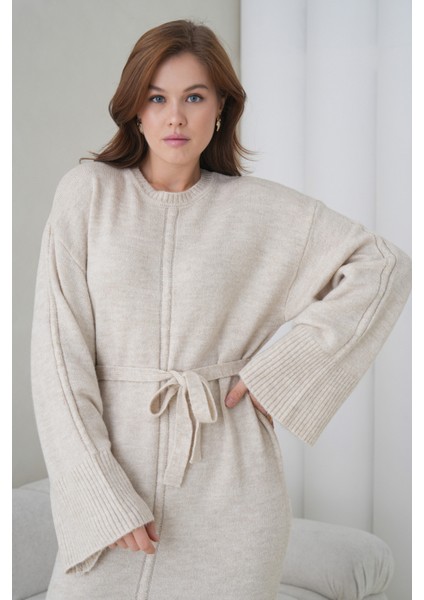 Kadın Uzun Kol Bisiklet Yaka Tesettüre Uygun Dokulu Kuşaklı Triko Spor Şık Maxi Boy Uzun Elbise indirimleri