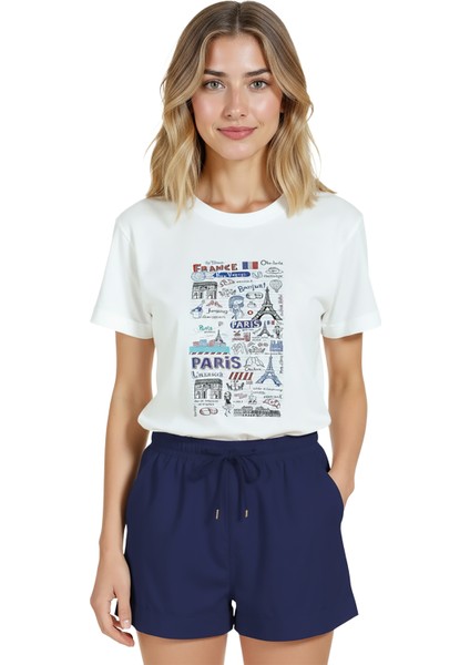Kadın Beyaz Relaxed Fit %100 Pamuk Tişört – Paris Karikatür Tipografi Baskılı