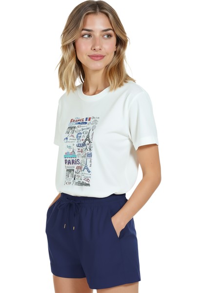 Kadın Beyaz Relaxed Fit %100 Pamuk Tişört – Paris Karikatür Tipografi Baskılı fiyatları