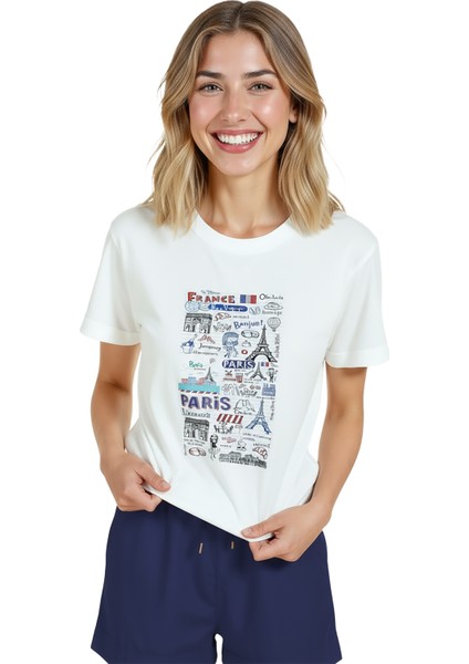 Kadın Beyaz Relaxed Fit %100 Pamuk Tişört – Paris Karikatür Tipografi Baskılı modelleri