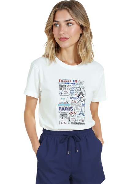 Kadın Beyaz Relaxed Fit %100 Pamuk Tişört – Paris Karikatür Tipografi Baskılı fırsatları