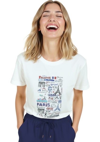Kadın Beyaz Relaxed Fit %100 Pamuk Tişört – Paris Karikatür Tipografi Baskılı indirimleri