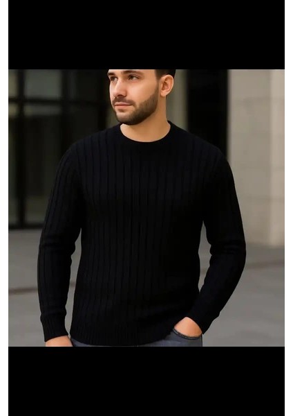 Erkek Fitilli Triko Kazak 2’li Set – Siyah & Beyaz, Kalın Dokuma Pamuklu Regular Fit Bisiklet Yaka Uzun Kollu Rahat Kışlık Kazak Kombini