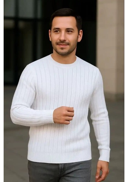 Erkek Fitilli Triko Kazak 2’li Set – Siyah & Beyaz, Kalın Dokuma Pamuklu Regular Fit Bisiklet Yaka Uzun Kollu Rahat Kışlık Kazak Kombini