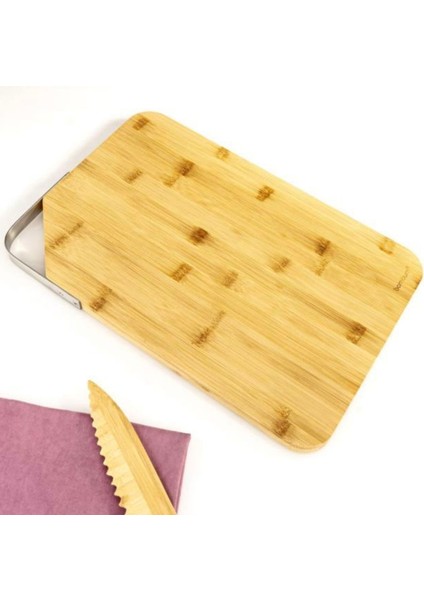 Zoe Paslanmaz Çelik Kulplu Dikdörtgen Kesme Tahtası - Açık Kahverengi - 38 cm