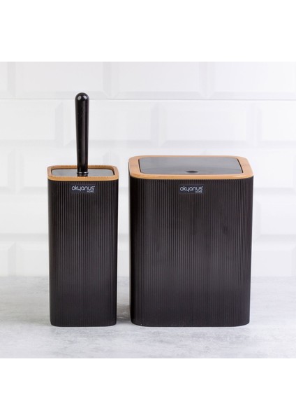 Home Çizgili 2'li Ahşap Desenli Banyo Aksesuar Seti - Siyah