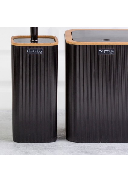 Home Çizgili 2'li Ahşap Desenli Banyo Aksesuar Seti - Siyah fiyatları