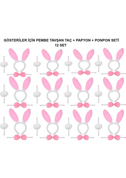 Pembe Tavşan Kostüm Seti – Taç, Papyon, Ponpon (12’li Paket)
