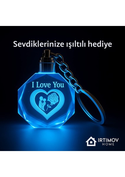 Renk Değiştiren LED Işıklı Kristal Anahtarlık | I Love You Yazılı Işıltılı Hediye Anahtarlık