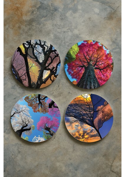 Ev Dekor Oval Pleksi Bardak Altlığı Temalı Desenli 4'lü Set Doğa