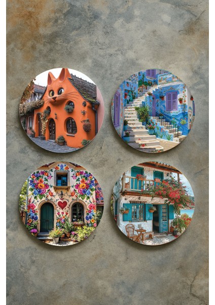 Ev Dekor Oval Pleksi Bardak Altlığı Temalı Desenli 4'lü Set Sweet Home