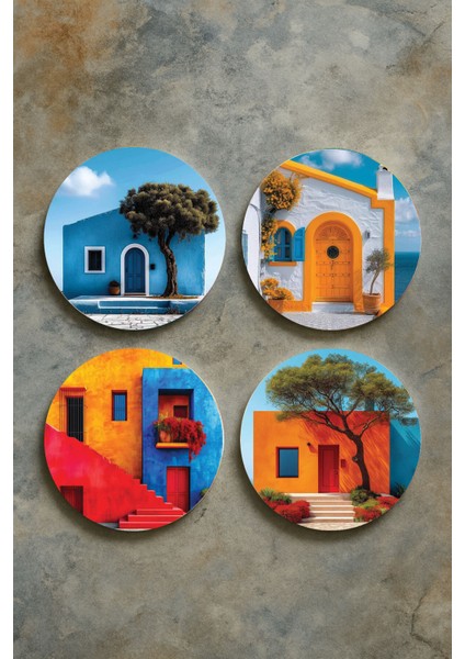 Ev Dekor Oval Pleksi Bardak Altlığı Temalı Desenli 4'lü Set House