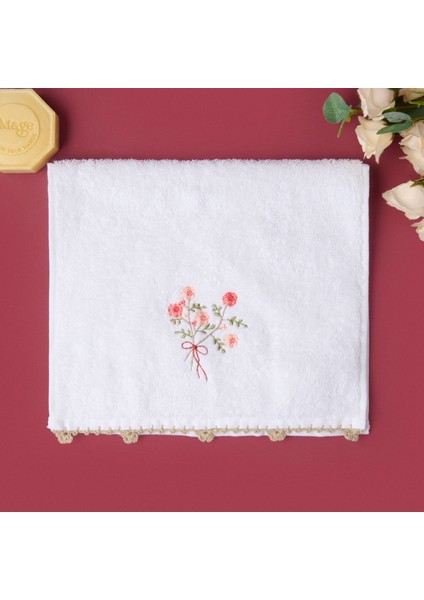 Soft Granny Summer Çiçek Nakışlı El Havlusu - Ekru - 30X50 cm