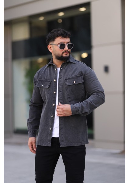 Erkek Kot Gömlek Rahat Kalıp, Çift Cepli, Düğmeli Denim Gömlek