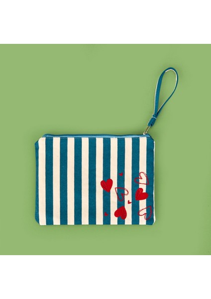 Çizgili Kalp Detaylı Kozmetik Çantası - Mavi / Bej - 16X25 cm