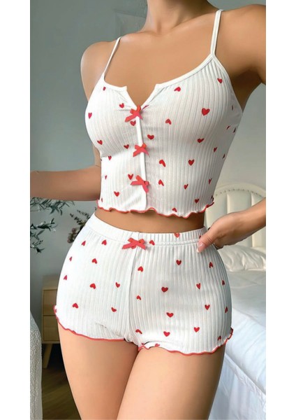 Kalp Desenli Şortlu Pijama Takımı