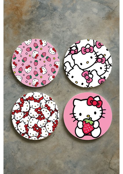 Ev Dekor Oval Pleksi Bardak Altlığı Temalı Desenli 4'lü Set Kittyyyyyy
