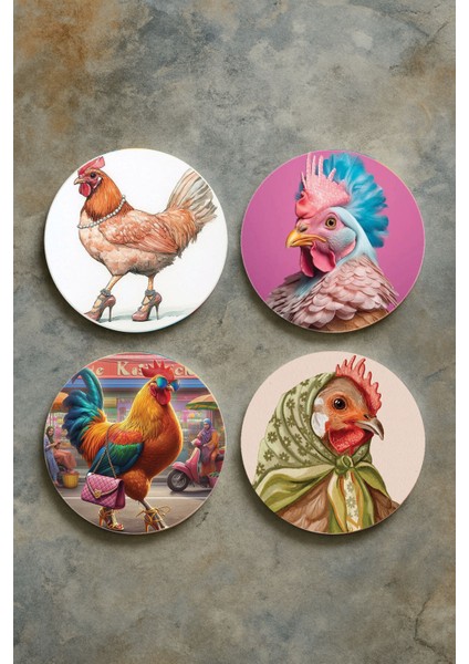 Ev Dekor Oval Pleksi Bardak Altlığı Temalı Desenli 4'lü Set Kümes